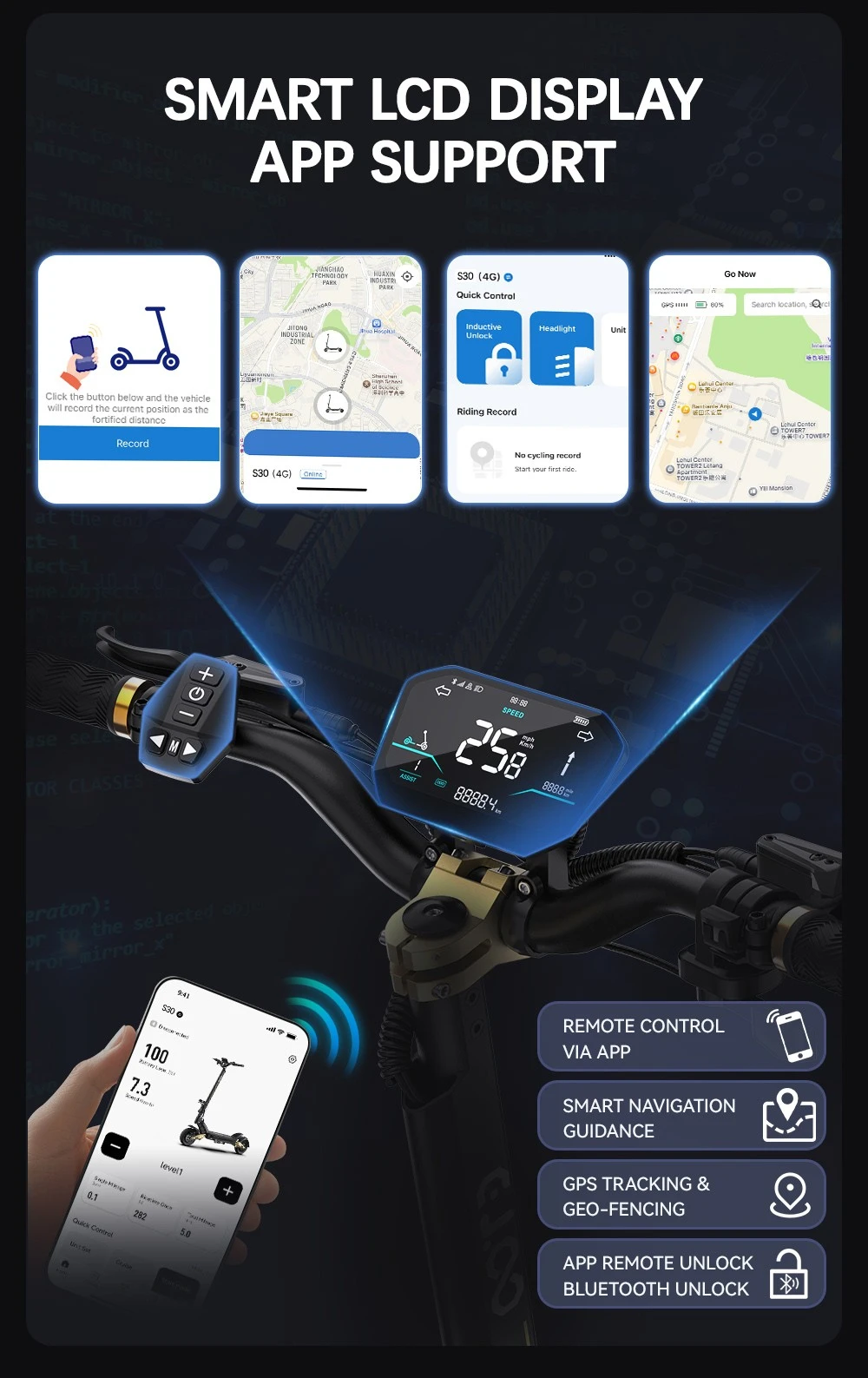 OOTD S30 Electric Scooter, 1200W*2 Motor, 52V 23.4Ah Battery, 10 inch Tires, 65km/h Max Speed, 60km Range, Front & Rear Hydraulic Disc Brake, LCD Display
