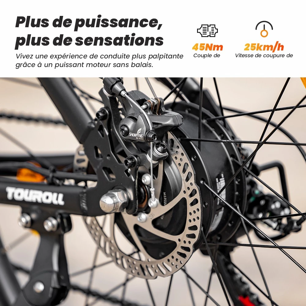 Vélo VTT électrique tout-terrain Touroll U1 26 pouces avec moteur 250 W, batterie amovible 36 V 13 Ah, autonomie maximale de 65 km, transmission Shimano 21 vitesses, frein à disque Shimano 21 vitesses, étanchéité IPX4 - Noir
