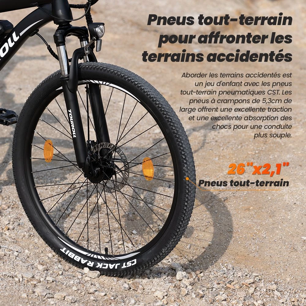 Vélo VTT électrique tout-terrain Touroll U1 26 pouces avec moteur 250 W, batterie amovible 36 V 13 Ah, autonomie maximale de 65 km, transmission Shimano 21 vitesses, frein à disque Shimano 21 vitesses, étanchéité IPX4 - Noir