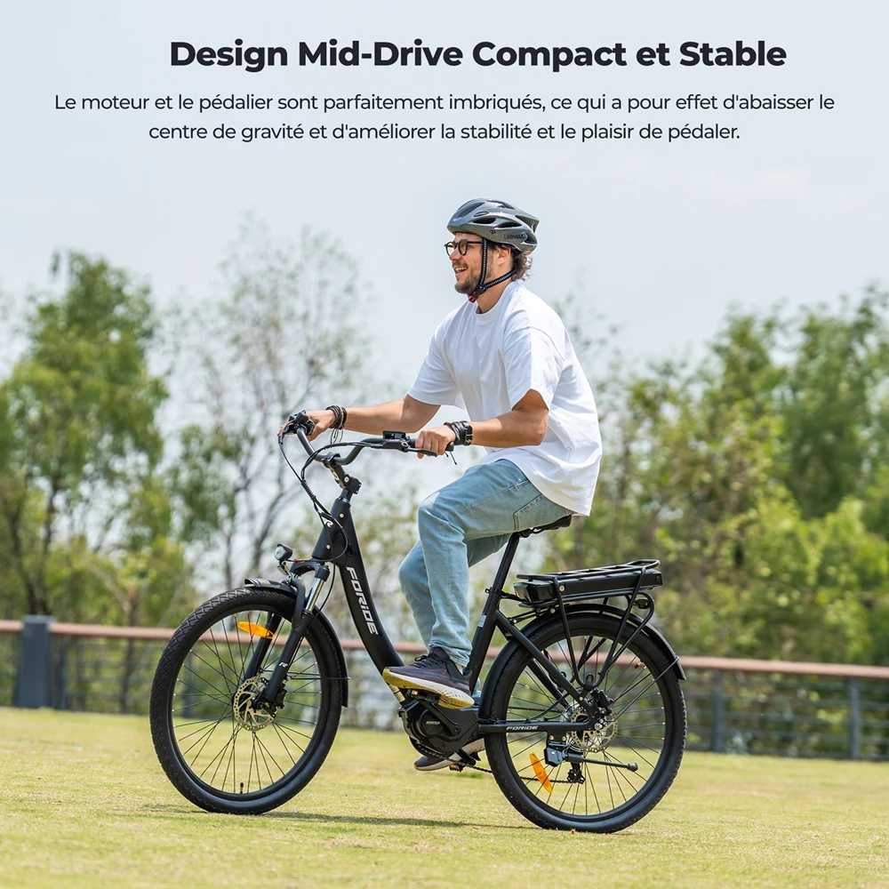 Foride Urbano 2 Vélo électrique, moteur central 250 W, batterie 36 V 13 Ah, pneus 26 pouces, vitesse maximale 25 km/h, autonomie 100 km, frein à disque hydraulique, suspension avec blocage, transmission Shimano 7 vitesses