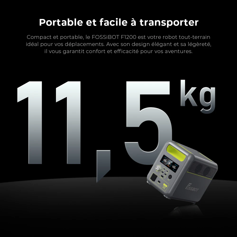 Centrale électrique portable FOSSiBOT F1200, capacité de 1 024 Wh, puissance nominale de 1 200 W, 3 modes d'éclairage LED, 7 ports de sortie, protection BMS, commutation < 10 ms, régulateur d'entrée à 5 vitesses, batterie LiFePO4 de qualité EV, plus de 4 000 cycles