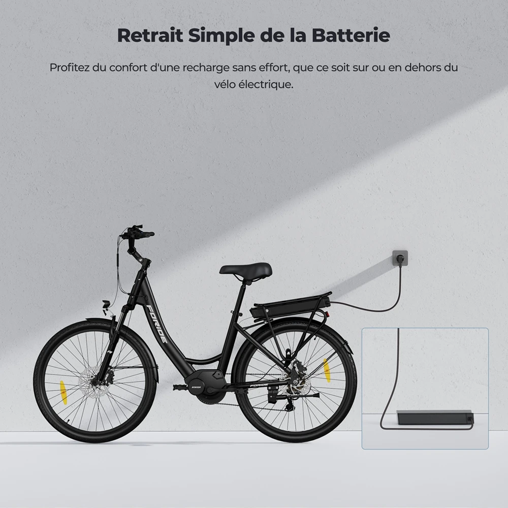 Foride Urbano 2 Vélo électrique, moteur central 250 W, batterie 36 V 13 Ah, pneus 26 pouces, vitesse maximale 25 km/h, autonomie 100 km, frein à disque hydraulique, suspension avec blocage, transmission Shimano 7 vitesses
