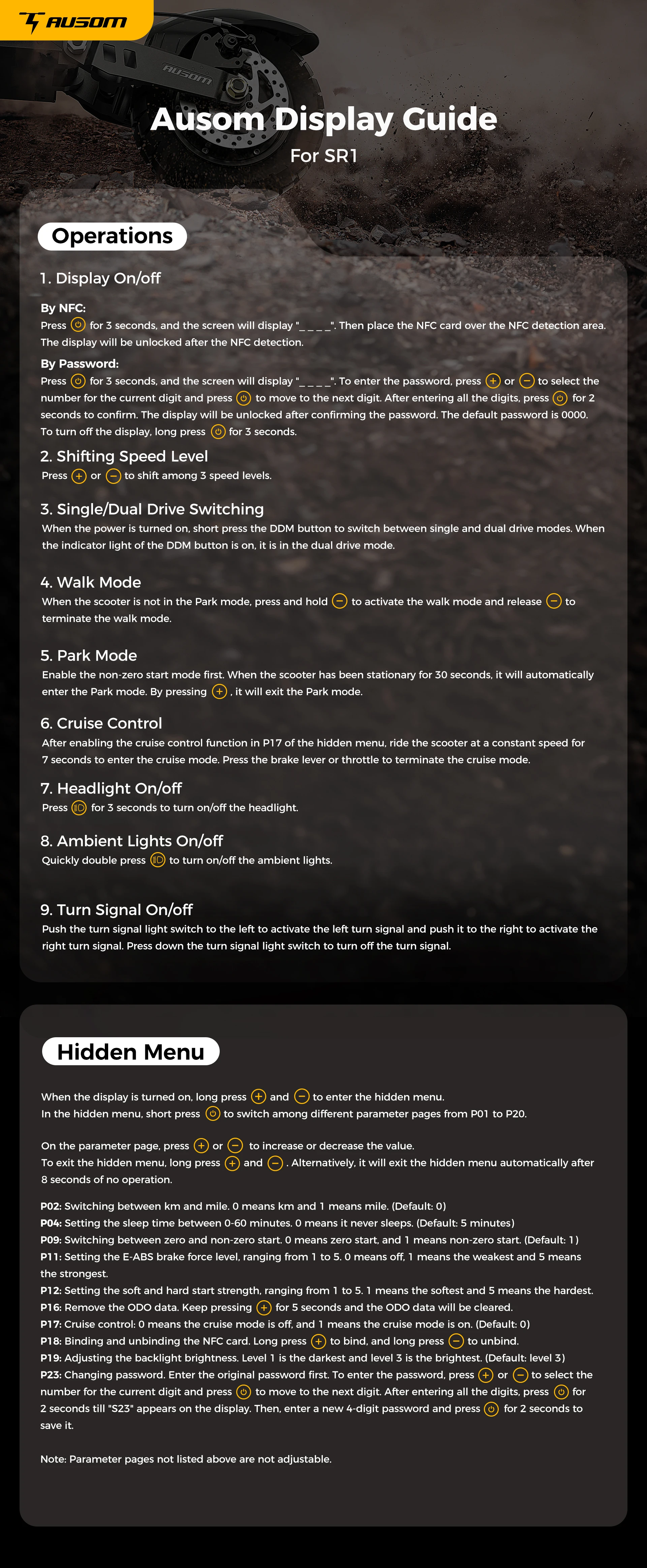 Trotinetă electrică Ausom SR1, 2 motoare de 1000 W, baterie de 52 V și 20,8 Ah, anvelope de 10 inch, viteză maximă de 65 km/h, autonomie de 95 km, frâne hidraulice cu disc față și spate, suspensie cu braț oscilant