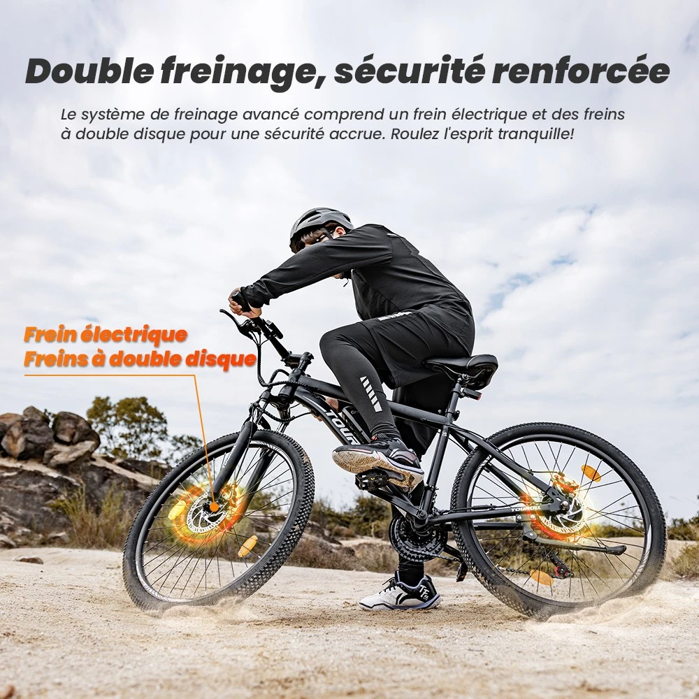 Vélo VTT électrique tout-terrain Touroll U1 26 pouces avec moteur 250 W, batterie amovible 36 V 13 Ah, autonomie maximale de 65 km, transmission Shimano 21 vitesses, frein à disque Shimano 21 vitesses, étanchéité IPX4 - Noir