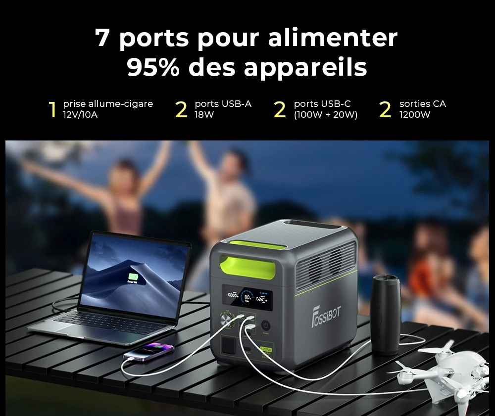 Centrale électrique portable FOSSiBOT F1200, capacité de 1 024 Wh, puissance nominale de 1 200 W, 3 modes d'éclairage LED, 7 ports de sortie, protection BMS, commutation < 10 ms, régulateur d'entrée à 5 vitesses, batterie LiFePO4 de qualité EV, plus de 4 000 cycles