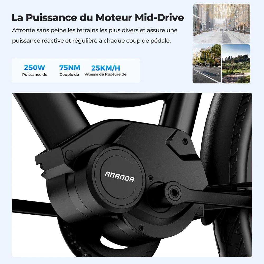 Foride Urbano 2 Vélo électrique, moteur central 250 W, batterie 36 V 13 Ah, pneus 26 pouces, vitesse maximale 25 km/h, autonomie 100 km, frein à disque hydraulique, suspension avec blocage, transmission Shimano 7 vitesses