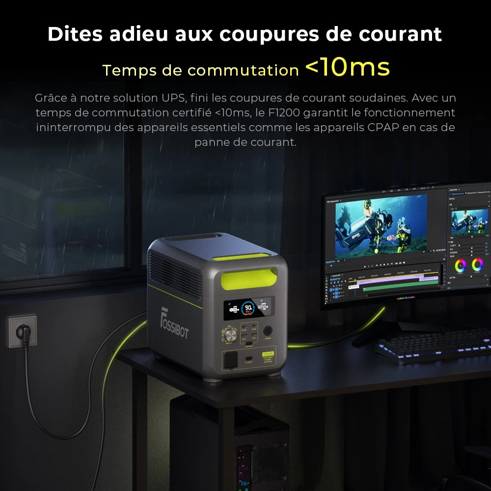 Centrale électrique portable FOSSiBOT F1200, capacité de 1 024 Wh, puissance nominale de 1 200 W, 3 modes d'éclairage LED, 7 ports de sortie, protection BMS, commutation < 10 ms, régulateur d'entrée à 5 vitesses, batterie LiFePO4 de qualité EV, plus de 4 000 cycles