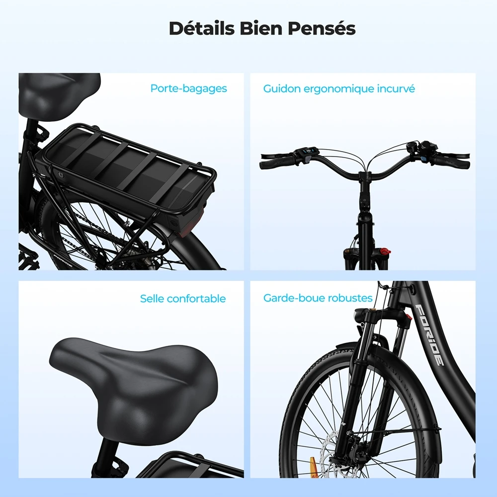 Foride Urbano 2 Vélo électrique, moteur central 250 W, batterie 36 V 13 Ah, pneus 26 pouces, vitesse maximale 25 km/h, autonomie 100 km, frein à disque hydraulique, suspension avec blocage, transmission Shimano 7 vitesses