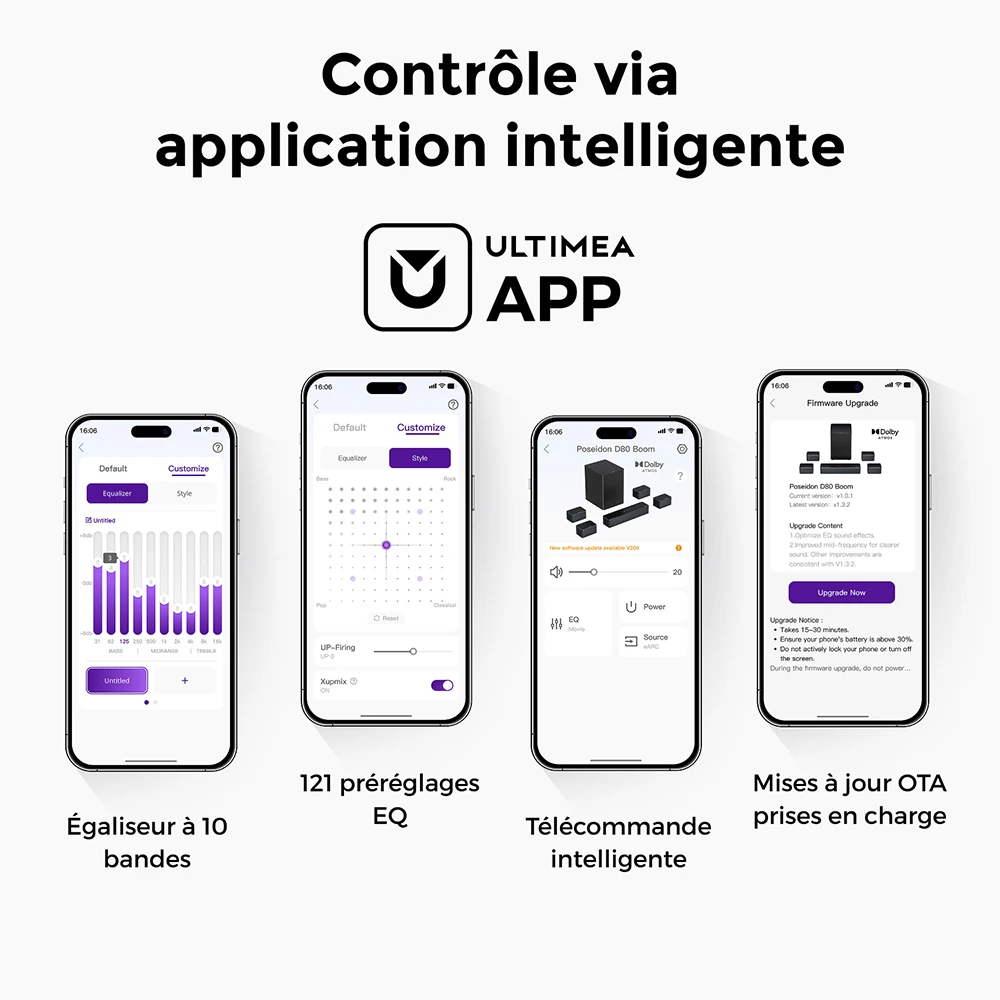 Ultimea Poseidon D80 Boom 7.1 Barre de son avec caisson de basses, Dolby Atmos, puissance de crête de 500 W, contrôle via application, égaliseur 10 bandes, 121 matrices d'égalisation prédéfinies, Bluetooth 5.3