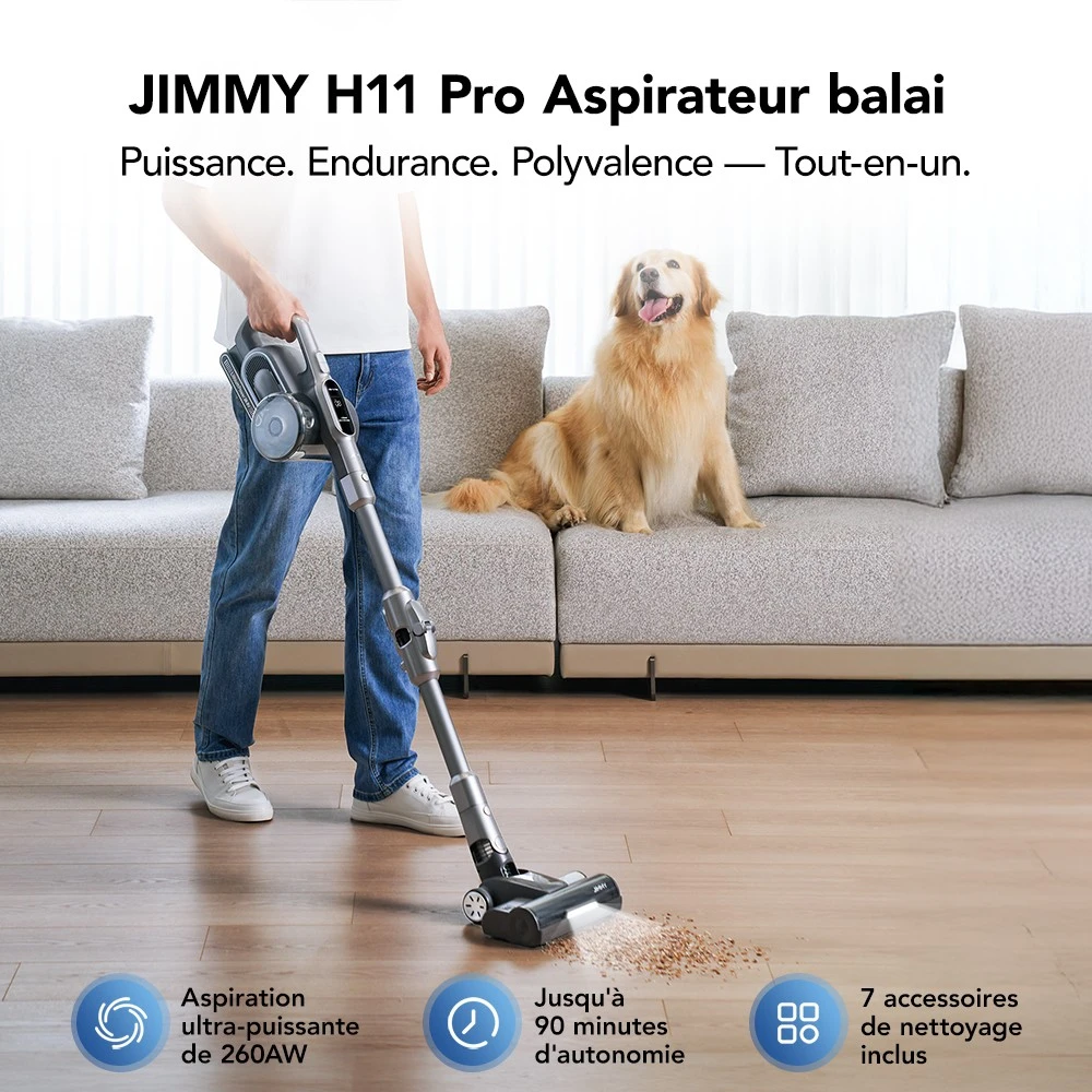 Jimmy H11 Pro Aspirateur sans fil, aspiration 700 W/260 AW, autonomie 90 min, tube flexible, 7 outils de nettoyage, affichage LED, pour tapis/sols durs - Gris foncé