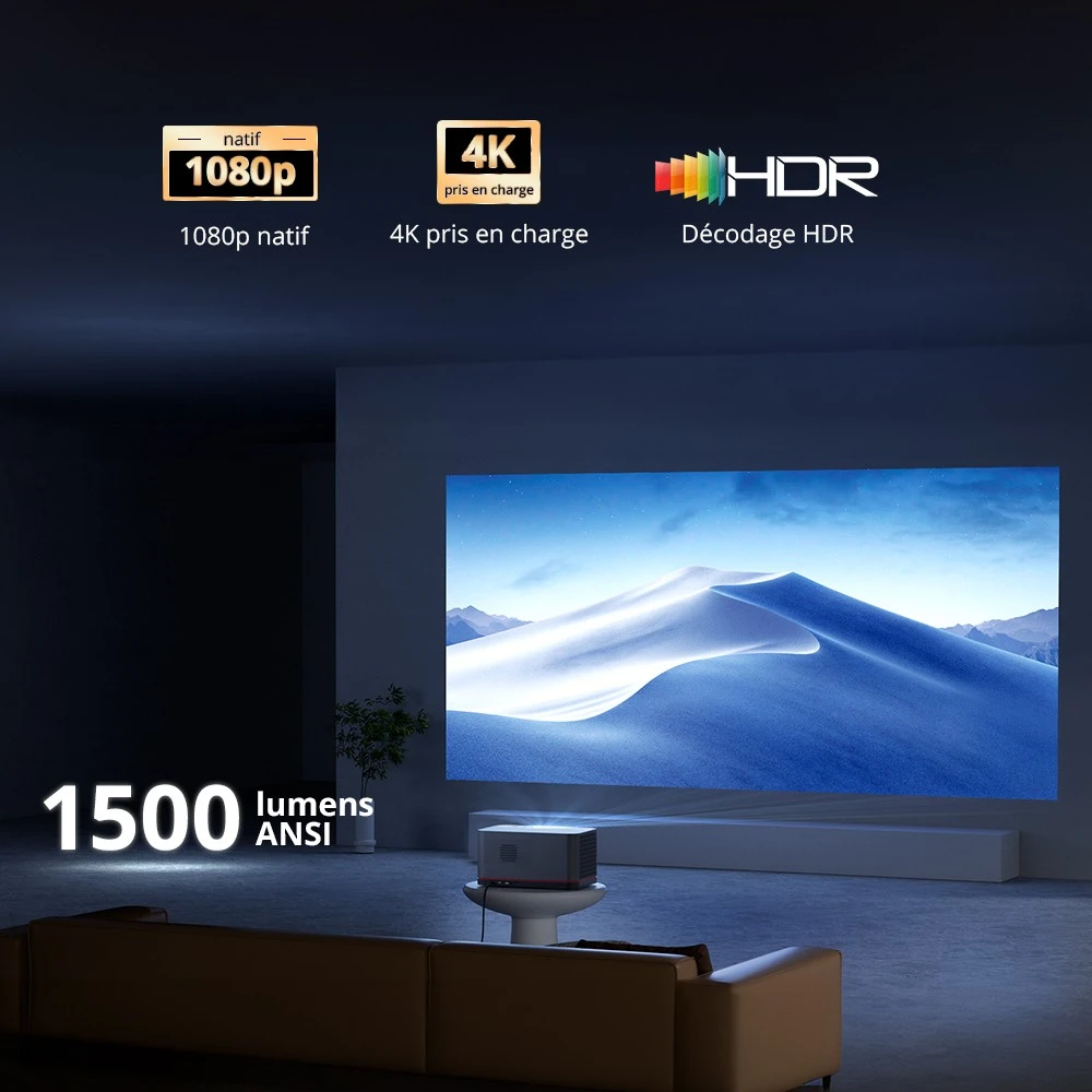 Projecteur TV Android ETOE Whale Pro, résolution native 1080p, 1500 ANSI, décodage 4K, mise au point automatique et correction trapézoïdale automatique, 2 haut-parleurs stéréo 10 W, Wi-Fi double bande