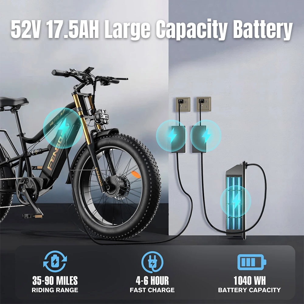FENGQS H6PRO Vélo électrique, moteur 1000 W x 2, batterie 52 V 17.5 Ah, pneus 26 x 4 pouces, vitesse maximale 60 km/h, autonomie 140 km, 7 vitesses, écran LCD - Noir doré