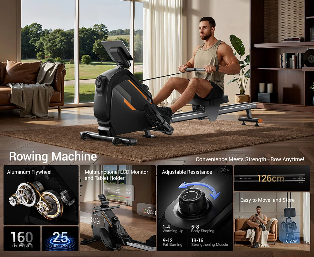 Geekbuying 健康週 - 運動與生活方式 5 ROBORE UR30 划船機,配備 126 公分延長跑道、16 級磁阻、160 公斤承重能力、靜音運行