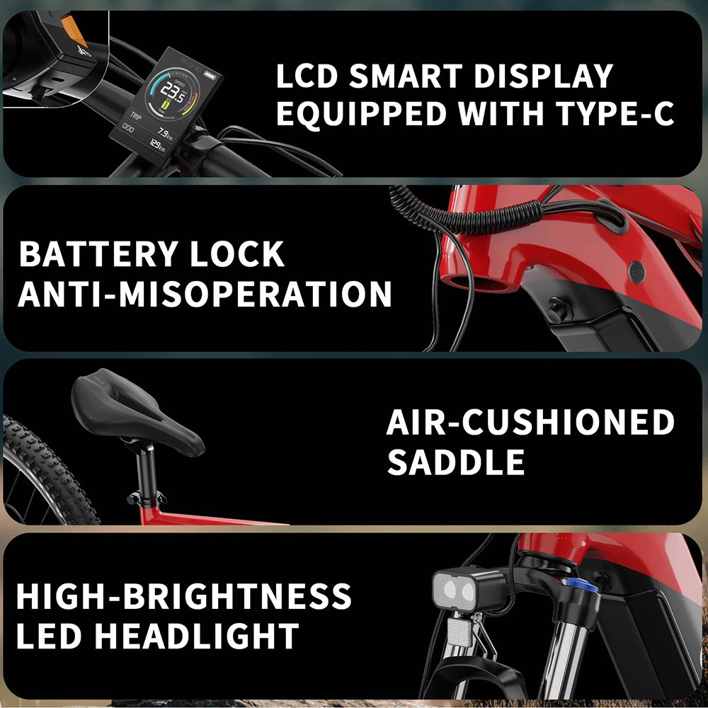 DUOTTS E29 Electric Bike, 250W Motor, 48V 13.5Ah Battery, 27.5 inch Tires, 25km/h Max Speed, 90km Range, Shimano Hydraulic Disc Brakes, DNM Air Suspension, Shimano 14-speed, Torque Sensor - Black Red