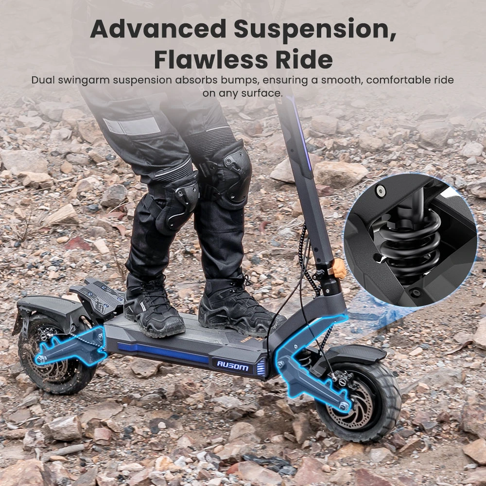 Ausom DT2 Pro Electric Scooter, 2*1100W Motor, 52V 23.4Ah Battery, 10 inch Tires, 42mph Max Speed, 71 miles Max Range, Front & Rear Hydraulic Disc Brakes, Swingarm Suspension, LCD Display