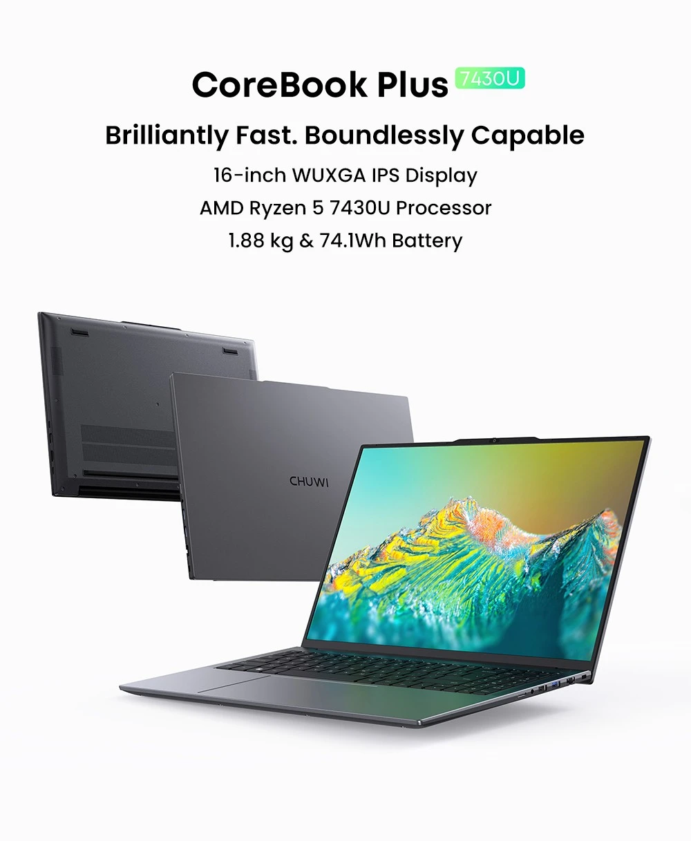 CHUWI CoreBook Plus laptop, 16 inch 1920x1200 IPS-scherm, AMD Ryzen 5 7430U 6 cores max. 4,3 GHz, 16 GB RAM 512 GB SSD, WiFi 6 Bluetooth 5.2, 2x Type-C, 2x USB 3.2, 1x USB 2.0, 1x TF-kaartsleuf, 1x HDMI, 1x RJ45, 1x audio