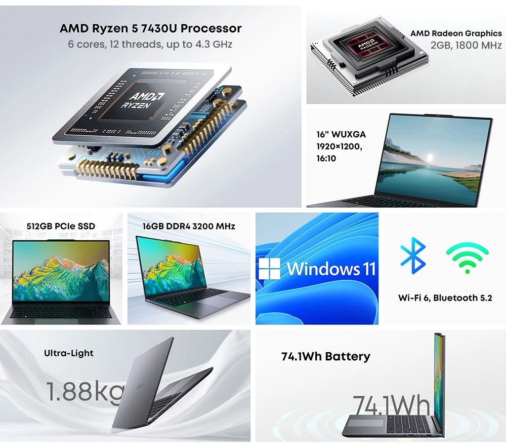 CHUWI CoreBook Plus laptop, 16 inch 1920x1200 IPS-scherm, AMD Ryzen 5 7430U 6 cores max. 4,3 GHz, 16 GB RAM 512 GB SSD, WiFi 6 Bluetooth 5.2, 2x Type-C, 2x USB 3.2, 1x USB 2.0, 1x TF-kaartsleuf, 1x HDMI, 1x RJ45, 1x audio