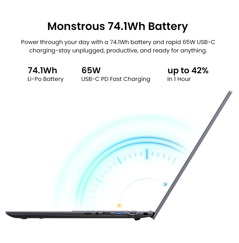 CHUWI CoreBook Plus laptop, 16 inch 1920x1200 IPS-scherm, AMD Ryzen 5 7430U 6 cores max. 4,3 GHz, 16 GB RAM 512 GB SSD, WiFi 6 Bluetooth 5.2, 2x Type-C, 2x USB 3.2, 1x USB 2.0, 1x TF-kaartsleuf, 1x HDMI, 1x RJ45, 1x audio