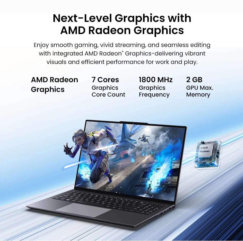 CHUWI CoreBook Plus laptop, 16 inch 1920x1200 IPS-scherm, AMD Ryzen 5 7430U 6 cores max. 4.3 GHz, 16 GB RAM 512 GB SSD, WiFi 6 Bluetooth 5.2, 2 * Type-C met volledige functionaliteit, 2 * USB 3.2, 1 * USB 2.0, 1 * TF-kaartsleuf, 1 * HDMI, 1 * RJ45, 1 * Audio