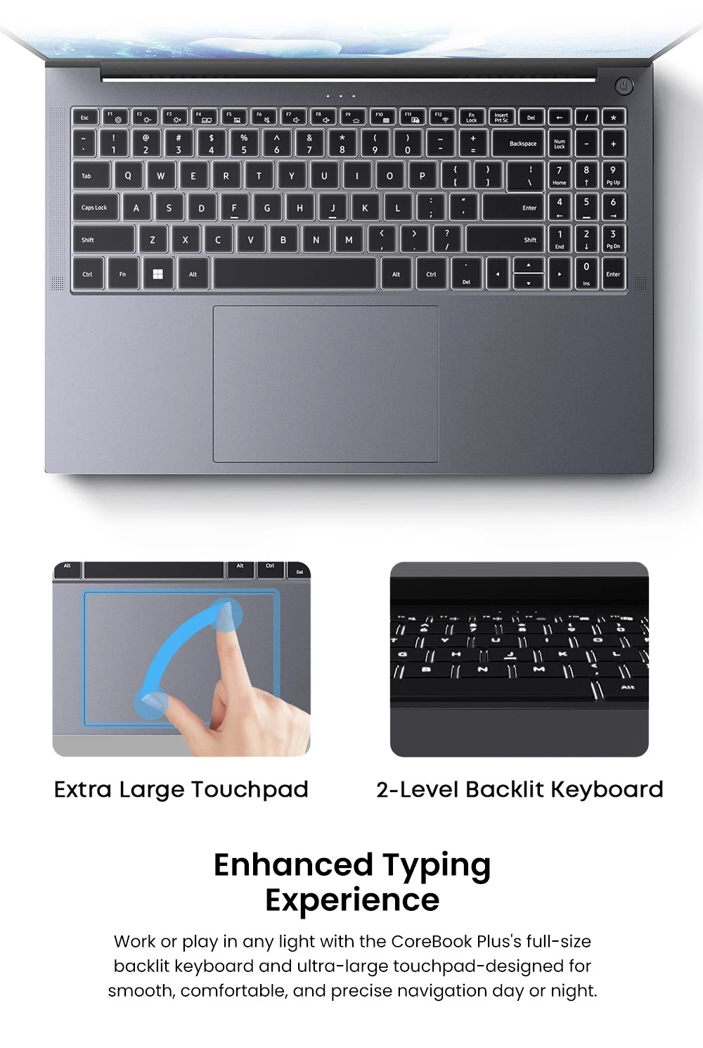 CHUWI CoreBook Plus laptop, 16 inch 1920x1200 IPS-scherm, AMD Ryzen 5 7430U 6 cores max. 4,3 GHz, 16 GB RAM 512 GB SSD, WiFi 6 Bluetooth 5.2, 2x Type-C, 2x USB 3.2, 1x USB 2.0, 1x TF-kaartsleuf, 1x HDMI, 1x RJ45, 1x audio