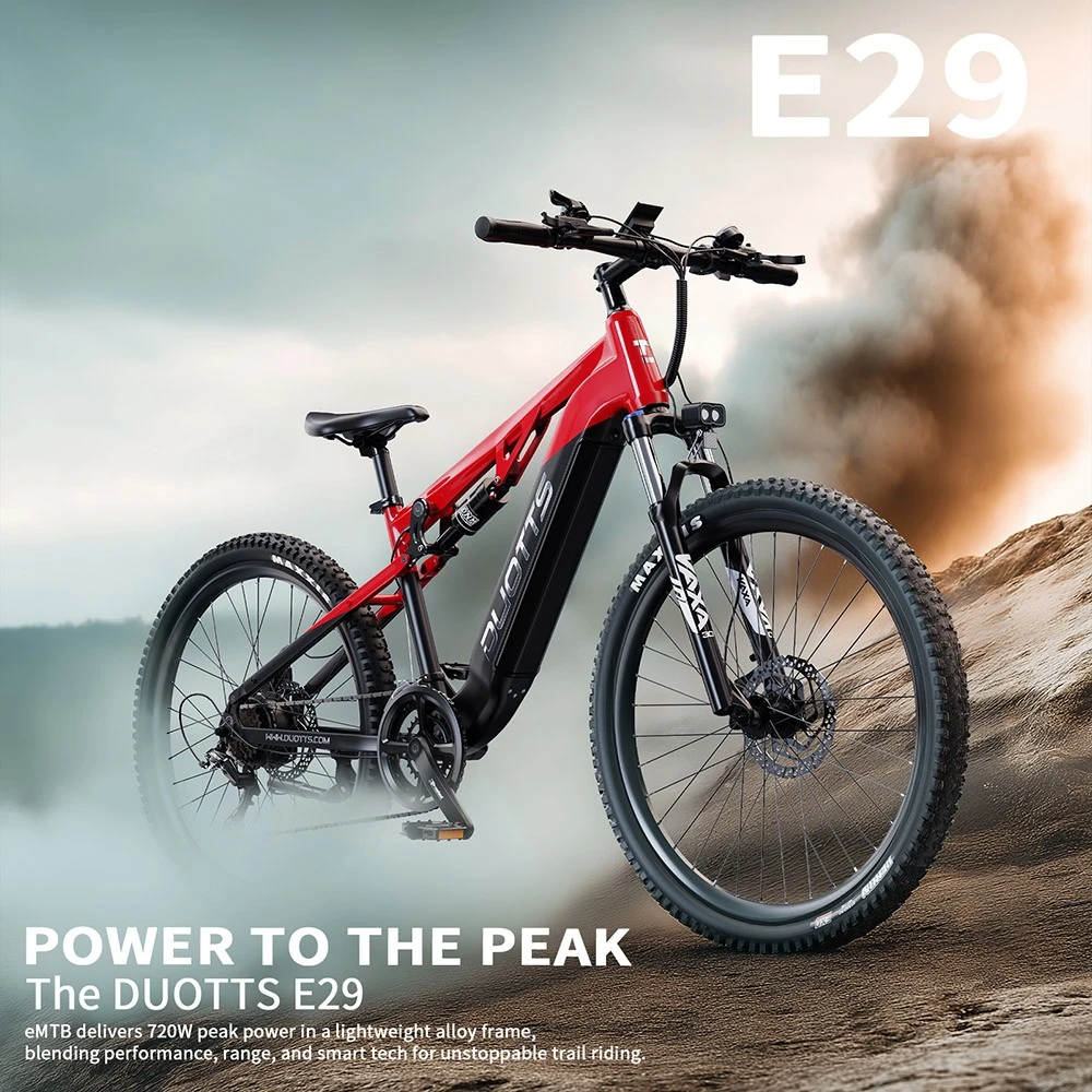 DUOTTS E29 Electric Bike, 250W Motor, 48V 13.5Ah Battery, 27.5 inch Tires, 25km/h Max Speed, 90km Range, Shimano Hydraulic Disc Brakes, DNM Air Suspension, Shimano 14-speed, Torque Sensor - Black Red