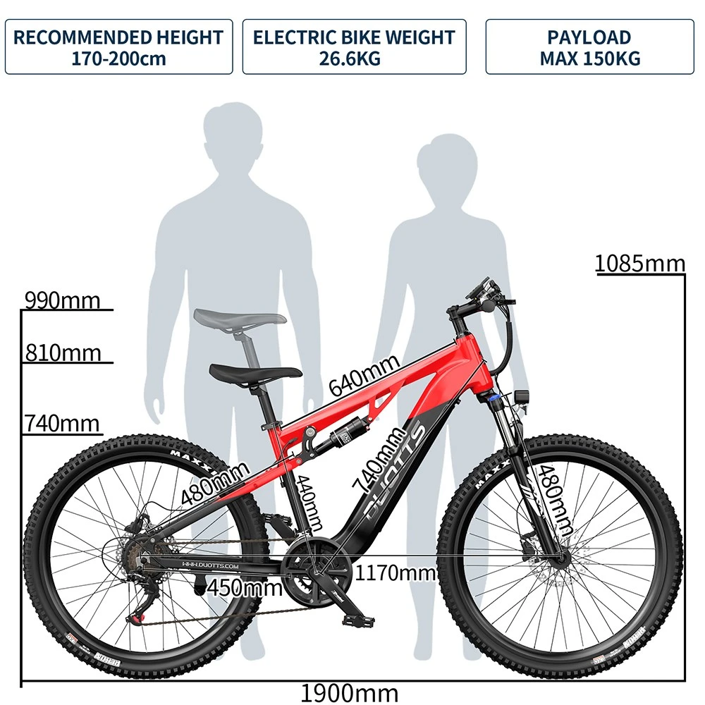 DUOTTS E29 Electric Bike, 250W Motor, 48V 13.5Ah Battery, 27.5 inch Tires, 25km/h Max Speed, 90km Range, Shimano Hydraulic Disc Brakes, DNM Air Suspension, Shimano 14-speed, Torque Sensor - Black Red