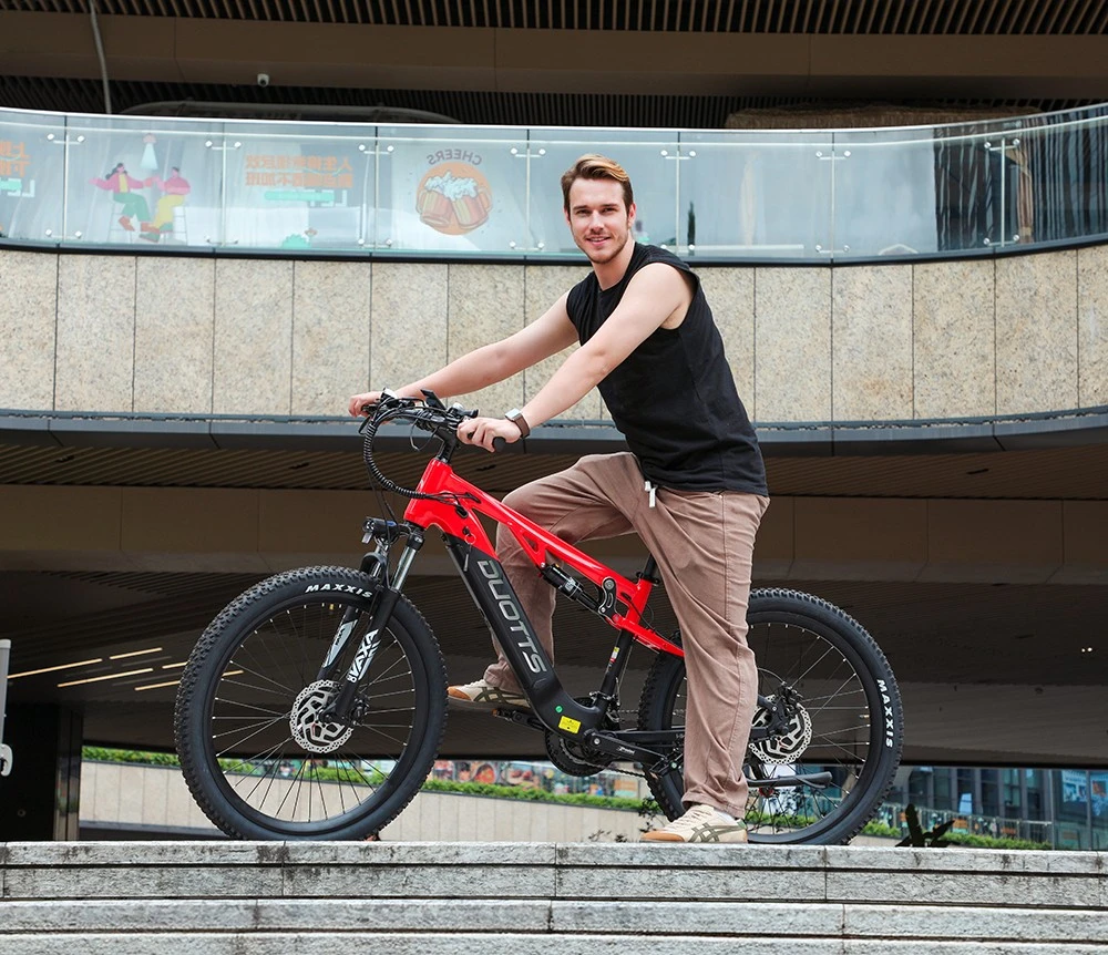 DUOTTS E29 Electric Bike, 250W Motor, 48V 13.5Ah Battery, 27.5 inch Tires, 25km/h Max Speed, 90km Range, Shimano Hydraulic Disc Brakes, DNM Air Suspension, Shimano 14-speed, Torque Sensor - Black Red