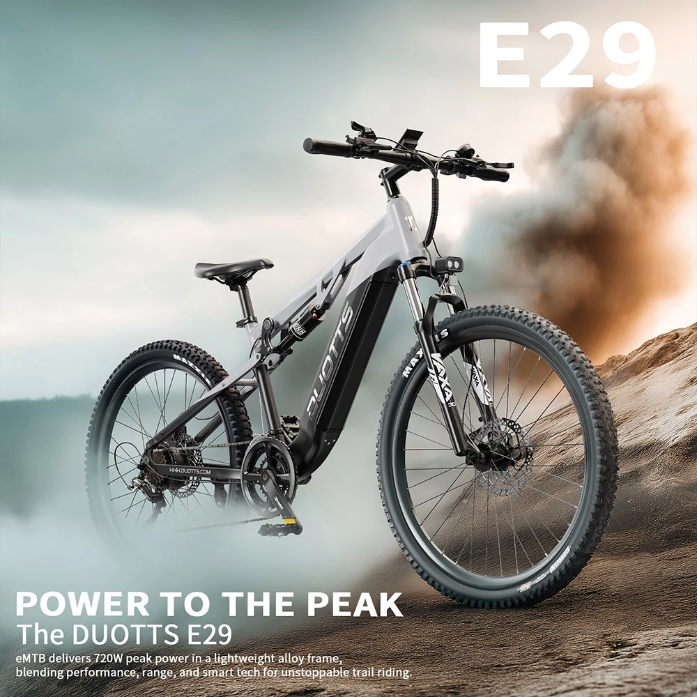 Bicicletă electrică DUOTTS E29, motor de 250W, baterie de 48V 13.5Ah, anvelope de 27.5 inch, viteză maximă de 25km/h, autonomie de 90km, frâne hidraulice pe disc Shimano, suspensie pneumatică DNM, transmisie Shimano cu 14 viteze, senzor de cuplu - argintiu-alb