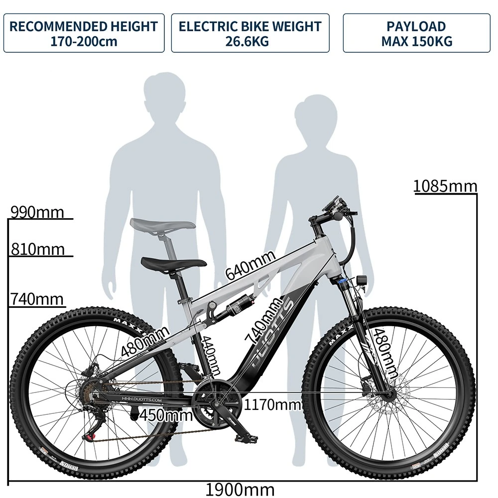 Bicicletă electrică DUOTTS E29, motor de 250W, baterie de 48V 13.5Ah, anvelope de 27.5 inch, viteză maximă de 25km/h, autonomie de 90km, frâne hidraulice pe disc Shimano, suspensie pneumatică DNM, transmisie Shimano cu 14 viteze, senzor de cuplu - argintiu-alb
