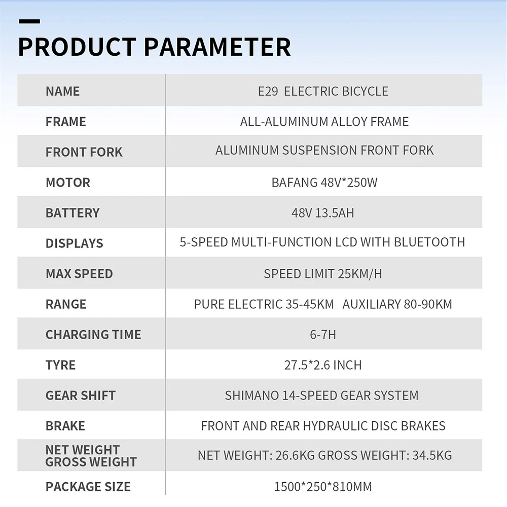 Bicicletă electrică DUOTTS E29, motor de 250W, baterie de 48V 13.5Ah, anvelope de 27.5 inch, viteză maximă de 25km/h, autonomie de 90km, frâne hidraulice pe disc Shimano, suspensie pneumatică DNM, transmisie Shimano cu 14 viteze, senzor de cuplu - argintiu-alb