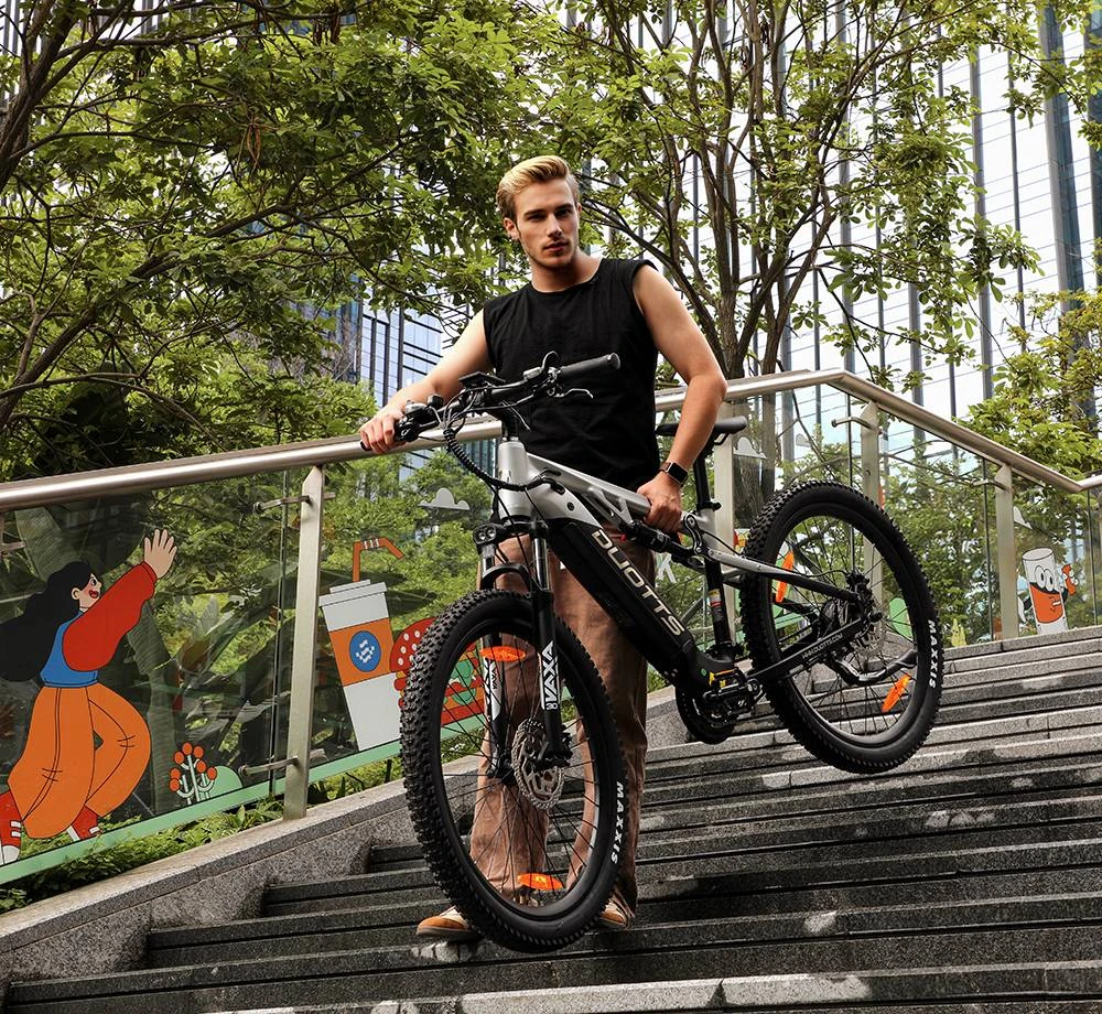 Bicicletă electrică DUOTTS E29, motor de 250W, baterie de 48V 13.5Ah, anvelope de 27.5 inch, viteză maximă de 25km/h, autonomie de 90km, frâne hidraulice pe disc Shimano, suspensie pneumatică DNM, transmisie Shimano cu 14 viteze, senzor de cuplu - argintiu-alb