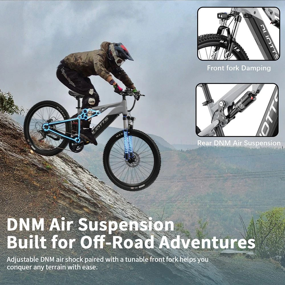 Bicicletă electrică DUOTTS E29, motor de 250W, baterie de 48V 13.5Ah, anvelope de 27.5 inch, viteză maximă de 25km/h, autonomie de 90km, frâne hidraulice pe disc Shimano, suspensie pneumatică DNM, transmisie Shimano cu 14 viteze, senzor de cuplu - argintiu-alb