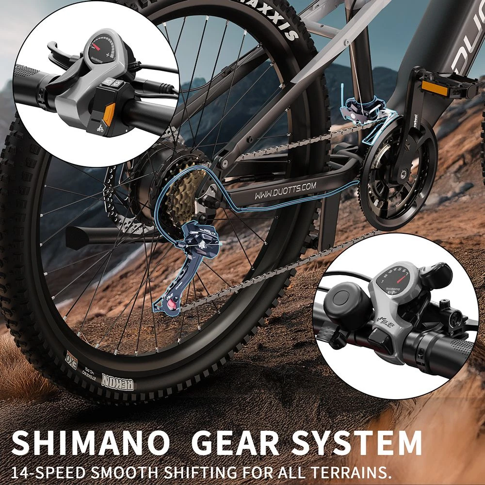 Bicicletă electrică DUOTTS E29, motor de 250W, baterie de 48V 13.5Ah, anvelope de 27.5 inch, viteză maximă de 25km/h, autonomie de 90km, frâne hidraulice pe disc Shimano, suspensie pneumatică DNM, transmisie Shimano cu 14 viteze, senzor de cuplu - argintiu-alb