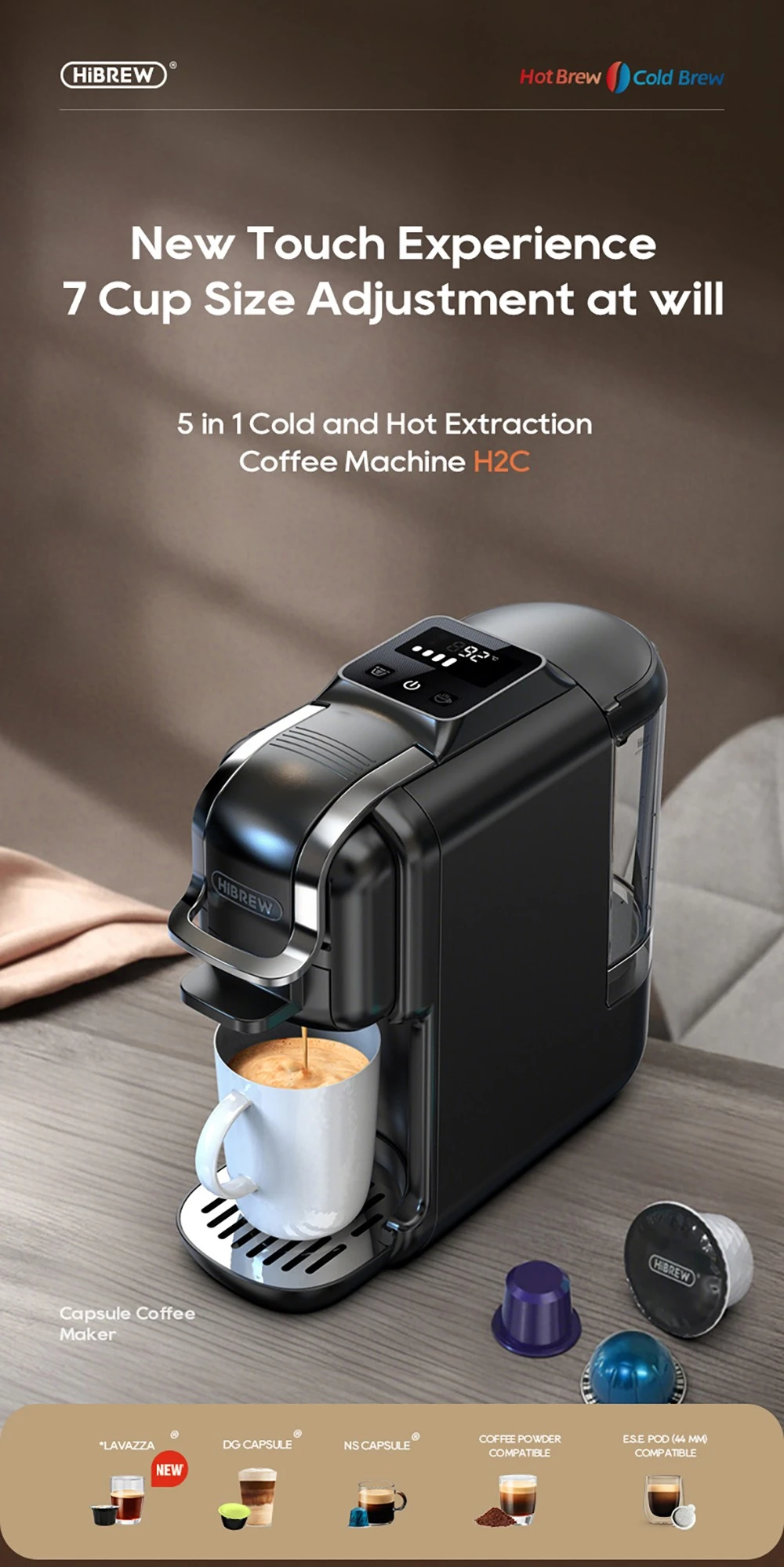 Machine à café à capsules HiBREW H2C 5 en 1, commandes tactiles intelligentes, 7 tailles de tasses, infusion chaude et froide, pression de 20 bars