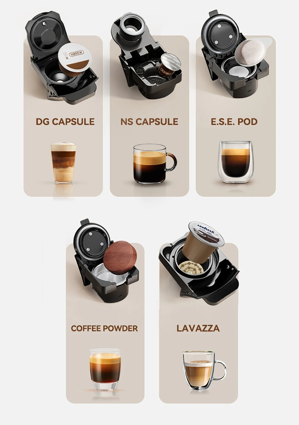 Machine à café à capsules HiBREW H2C 5 en 1, commandes tactiles intelligentes, 7 tailles de tasses, infusion chaude et froide, pression de 20 bars