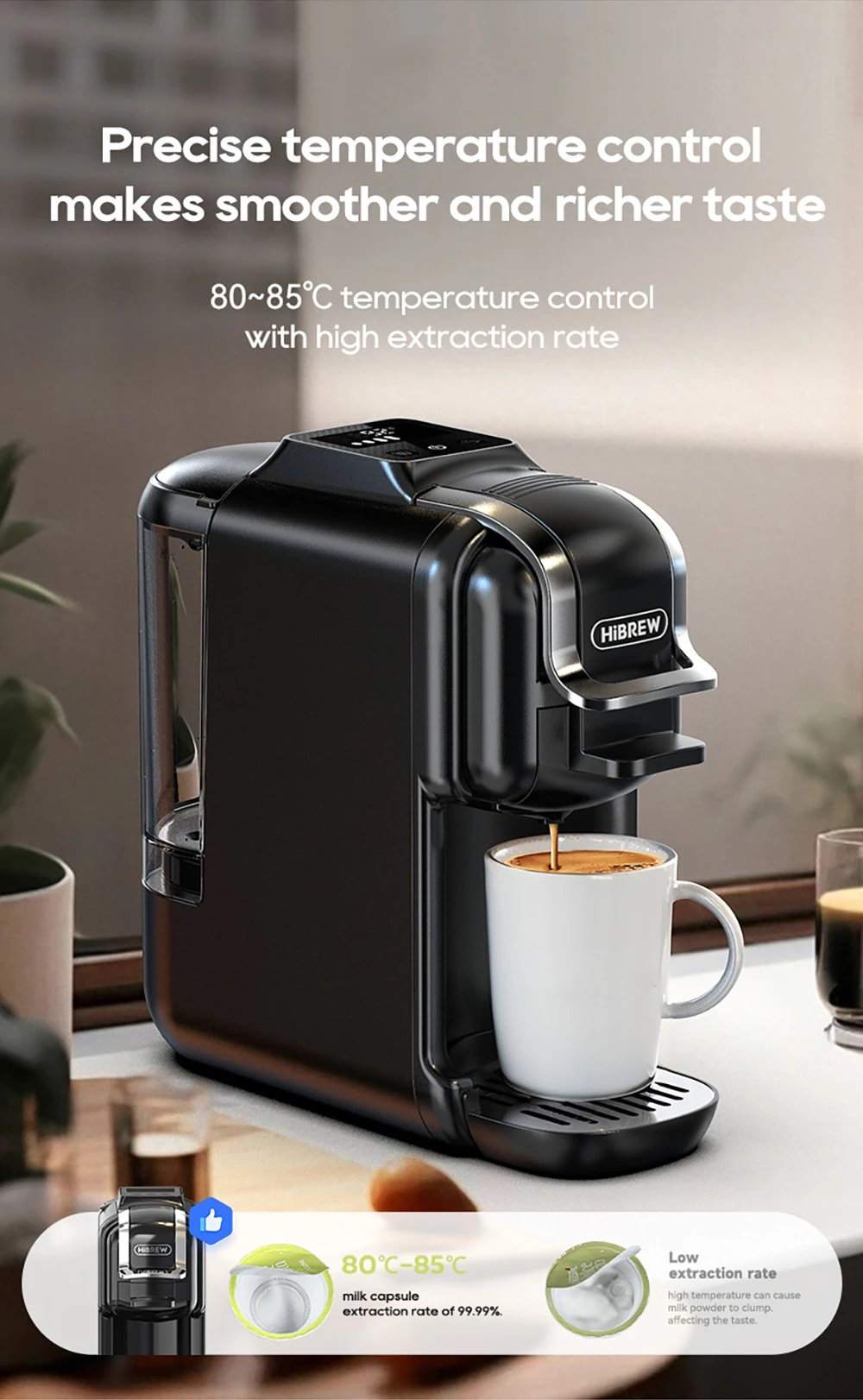 Machine à café à capsules HiBREW H2C 5 en 1, commandes tactiles intelligentes, 7 tailles de tasses, infusion chaude et froide, pression de 20 bars