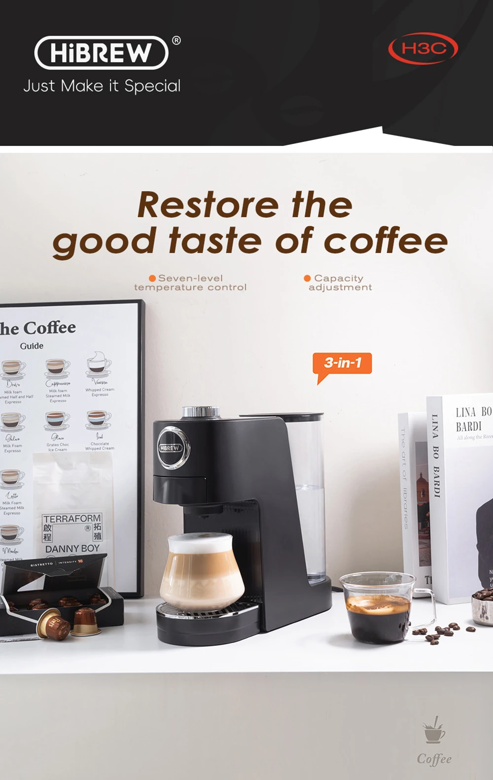 HiBREW H3C 3-in-1 Capsule Coffee Machine, 20Bar Pump, Hot/Cold Brew, 7-Temp Control, 1.4L Water Tank, for DG/NS Capsules & Ground Coffee - White
