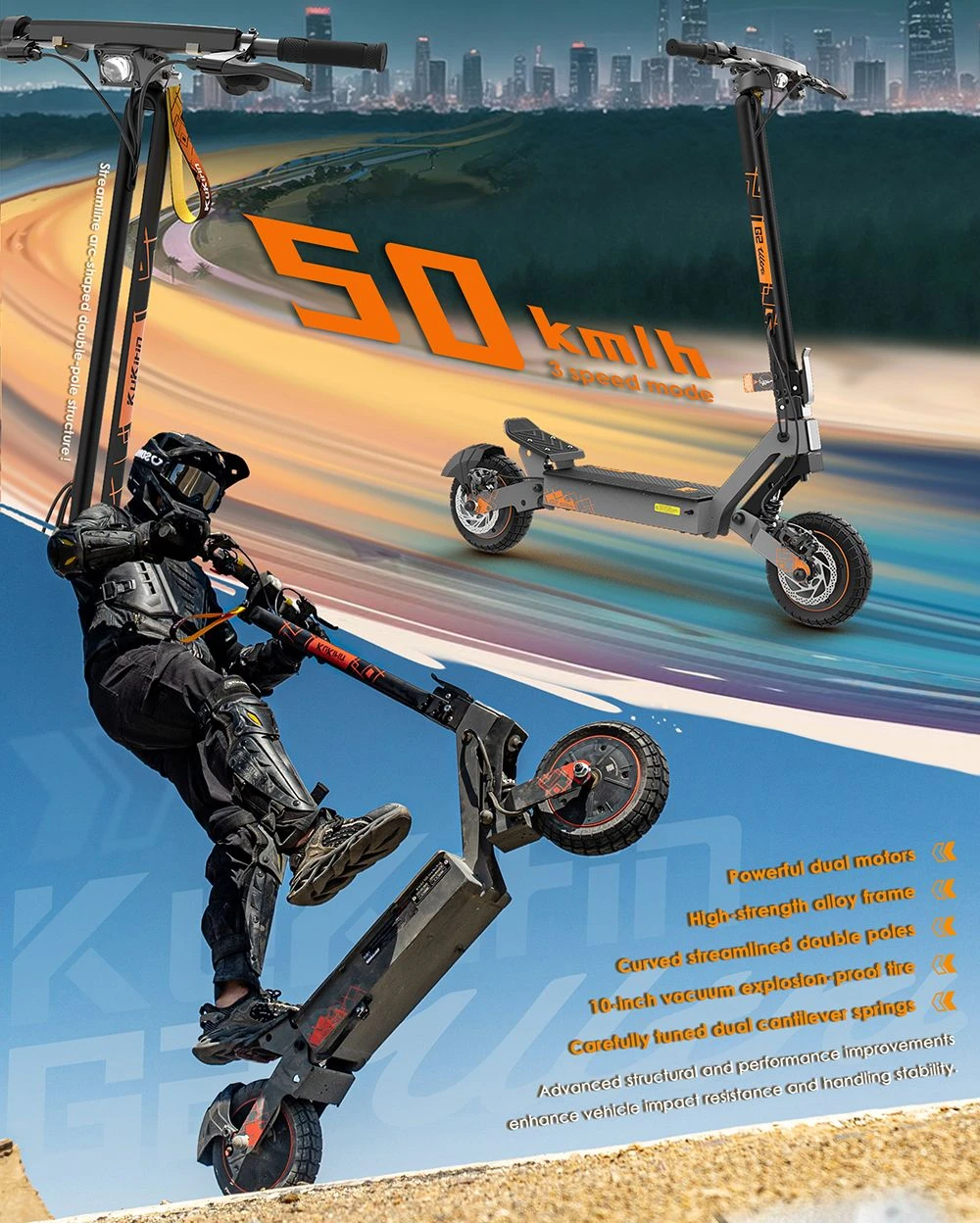 Trottinette électrique pliable KuKirin G2 Ultra, moteur 800 W x 2, batterie 48 V 18 Ah, pneus 10 pouces, vitesse maximale 50 km/h, autonomie maximale 55 km, freins à disque avant et arrière, amortisseurs à ressort avant et arrière
