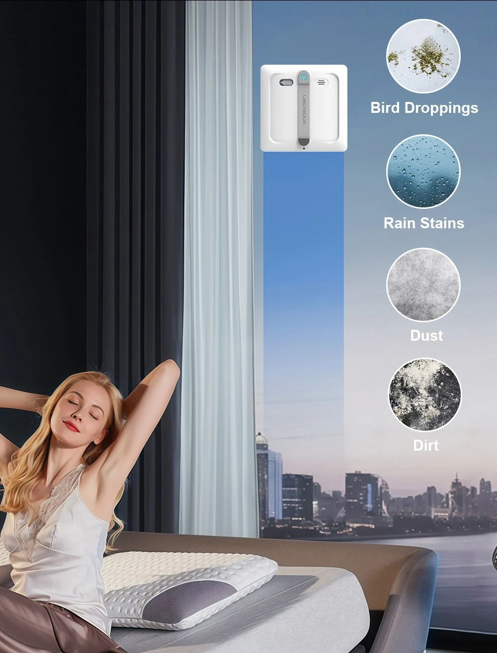 Robot lave-vitres Liectroux S9, double brosse à rouleaux, jet d'eau 6 directions, aspiration 9000 Pa, télécommande et application