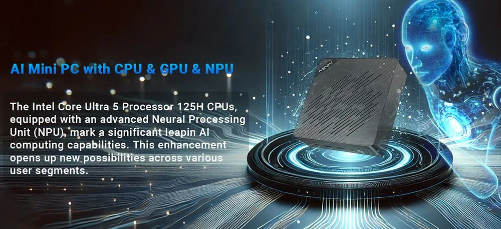 Mini PC MINIX Elite EU512-AI, processeur Intel Core Ultra 5-125H (16 cœurs, jusqu'à 4,8 GHz), 16 Go de RAM DDR5, SSD de 512 Go, ports HDMI, DP, Thunderbolt 4 et USB-C, écran 4K 60 Hz, Wi-Fi 6E, Bluetooth 5.3, 2 ports RJ45 2,5 GHz, 4 ports USB 3.2, 1 prise audio (prises EU/US/UK).