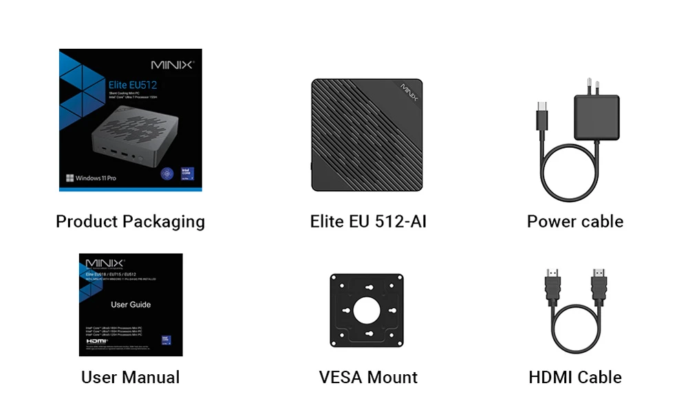 Mini PC MINIX Elite EU512-AI, processeur Intel Core Ultra 5-125H (16 cœurs, jusqu'à 4,8 GHz), 16 Go de RAM DDR5, SSD de 512 Go, ports HDMI, DP, Thunderbolt 4 et USB-C, écran 4K 60 Hz, Wi-Fi 6E, Bluetooth 5.3, 2 ports RJ45 2,5 GHz, 4 ports USB 3.2, 1 prise audio (prises EU/US/UK).