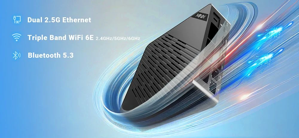 Mini PC MINIX Elite EU512-AI, processeur Intel Core Ultra 5-125H (16 cœurs, jusqu'à 4,8 GHz), 16 Go de RAM DDR5, SSD de 512 Go, ports HDMI, DP, Thunderbolt 4 et USB-C, écran 4K 60 Hz, Wi-Fi 6E, Bluetooth 5.3, 2 ports RJ45 2,5 GHz, 4 ports USB 3.2, 1 prise audio (prises EU/US/UK).