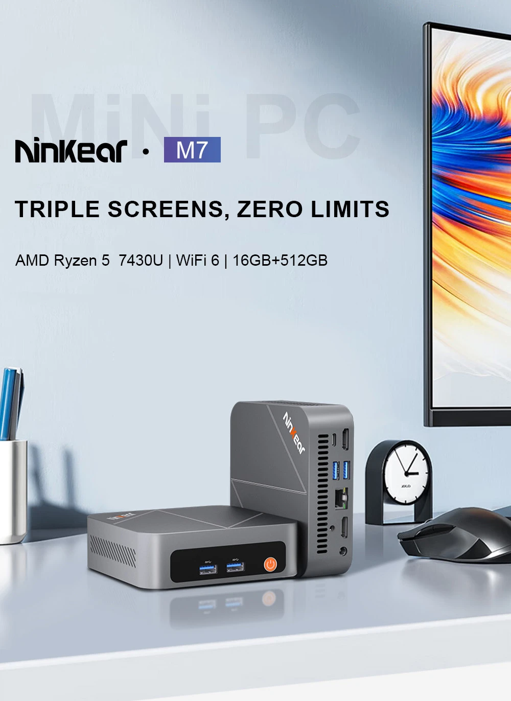 Mini PC Ninkear M7, AMD Ryzen 5 7430U, 6 núcleos, máx. 4,3 GHz, 16 GB de RAM, 512 GB de SSD, 2 HDMI + Tipo-C 4K, triple pantalla, WiFi 6, Bluetooth 5.2, 2 USB 3.0, 2 USB 2.0, 1 RJ45, 1 conector de audio