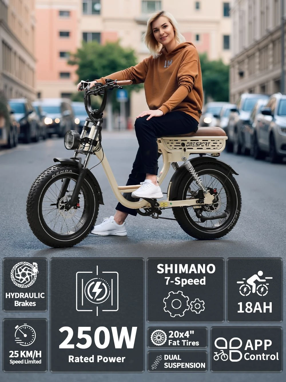 Onesport W77 Electric Bike, 500W Motor, 48V 18Ah Battery, 20*4 inch Tires, 25km/h Max Speed, 90km Range, Hydraulic Brake, Dual Suspension, Shimano 7-speed