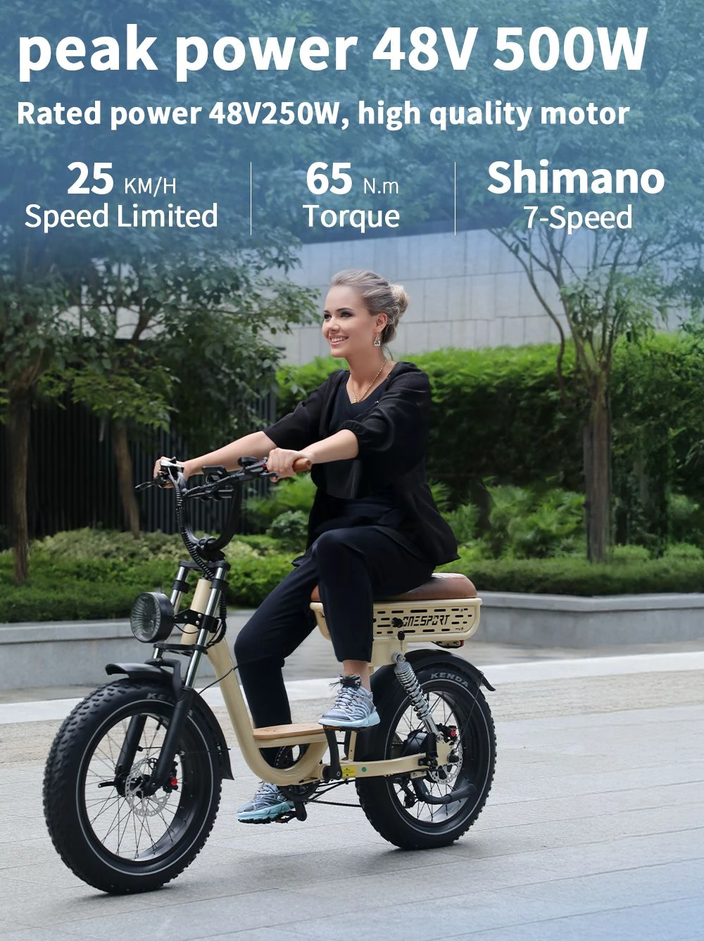 Onesport W77 Electric Bike, 500W Motor, 48V 18Ah Battery, 20*4 inch Tires, 25km/h Max Speed, 90km Range, Hydraulic Brake, Dual Suspension, Shimano 7-speed