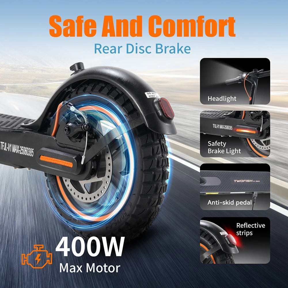 TWOFISH V1 MAX Electric Scooter, 400W Motor, 36V 10.4Ah Battery, 10 inch Tires, 32km/h Max Speed, 25km Range, Rear Disc Brake, LCD Display