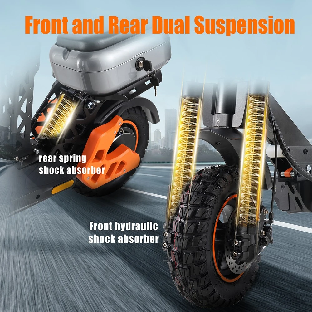 Trottinette électrique TWOFISH V5 MAX avec siège, moteur 800 W, batterie 48 V 18 Ah, pneus avant 11 pouces et arrière 10 pouces, vitesse maximale 45 km/h, autonomie 45 km, freins à disque avant et arrière, double suspension avant et arrière, écran LCD