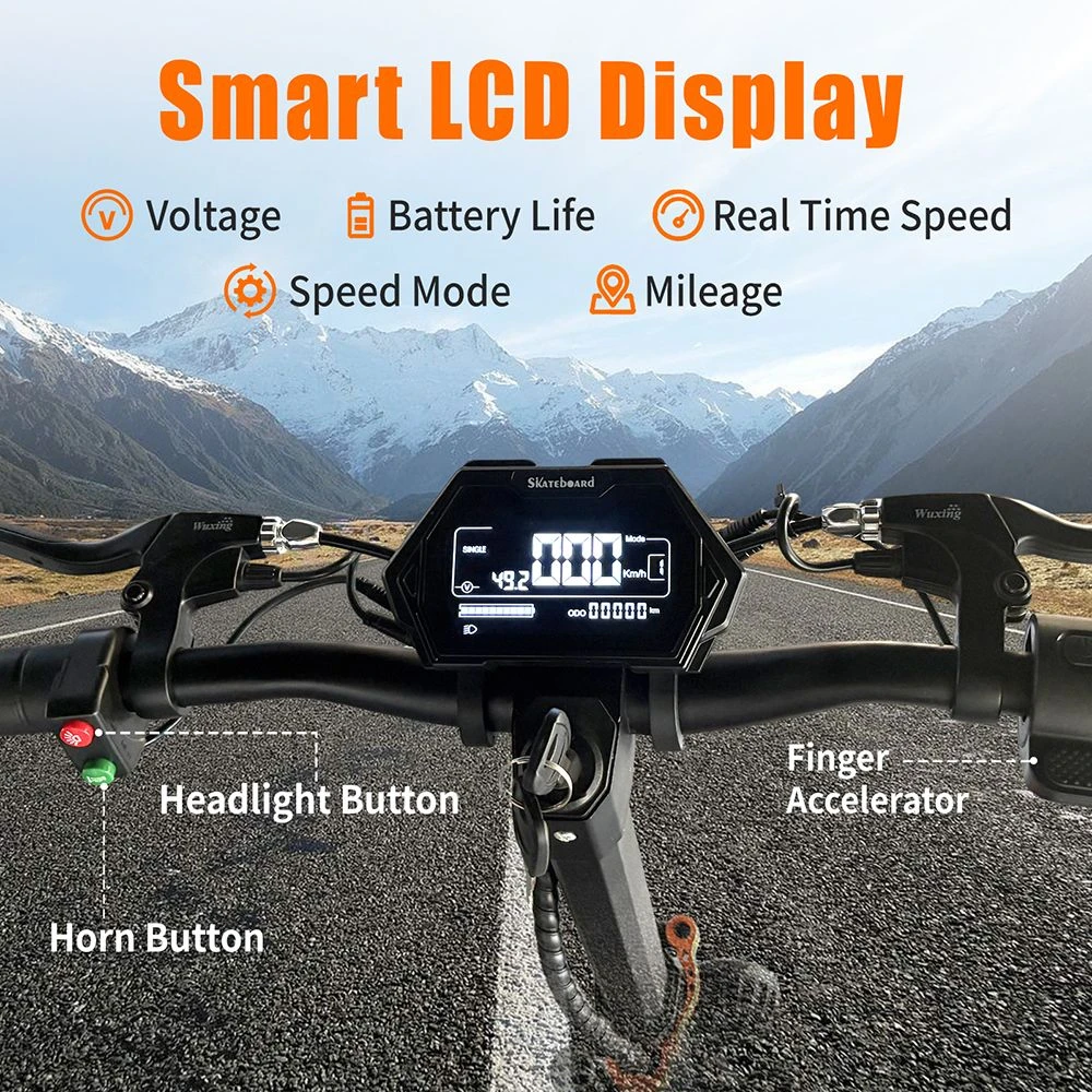 Trottinette électrique TWOFISH V5 MAX avec siège, moteur 800 W, batterie 48 V 18 Ah, pneus avant 11 pouces et arrière 10 pouces, vitesse maximale 45 km/h, autonomie 45 km, freins à disque avant et arrière, double suspension avant et arrière, écran LCD