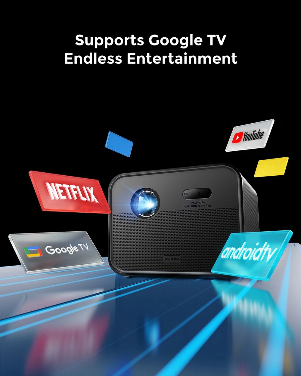 Ultimea Poseidon E100 Projector, 1800 ANSI, Native 1080P, 4K Decoding, Auto Focus & 6D Auto Keystone, Active 3D Image, 10W*2 Dolby Audio, Google TV