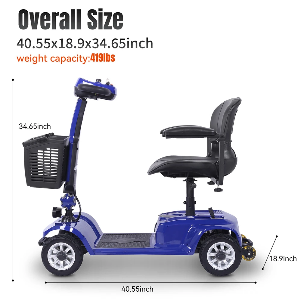 Unificare Lucas Pro Four-wheeled Scooter, 180W Motor, 24V 12Ah Battery, 8 inch Tires, 6km/h Max Speed, 20km Range, Magnetic Brake, 190kg Max Load - Blue